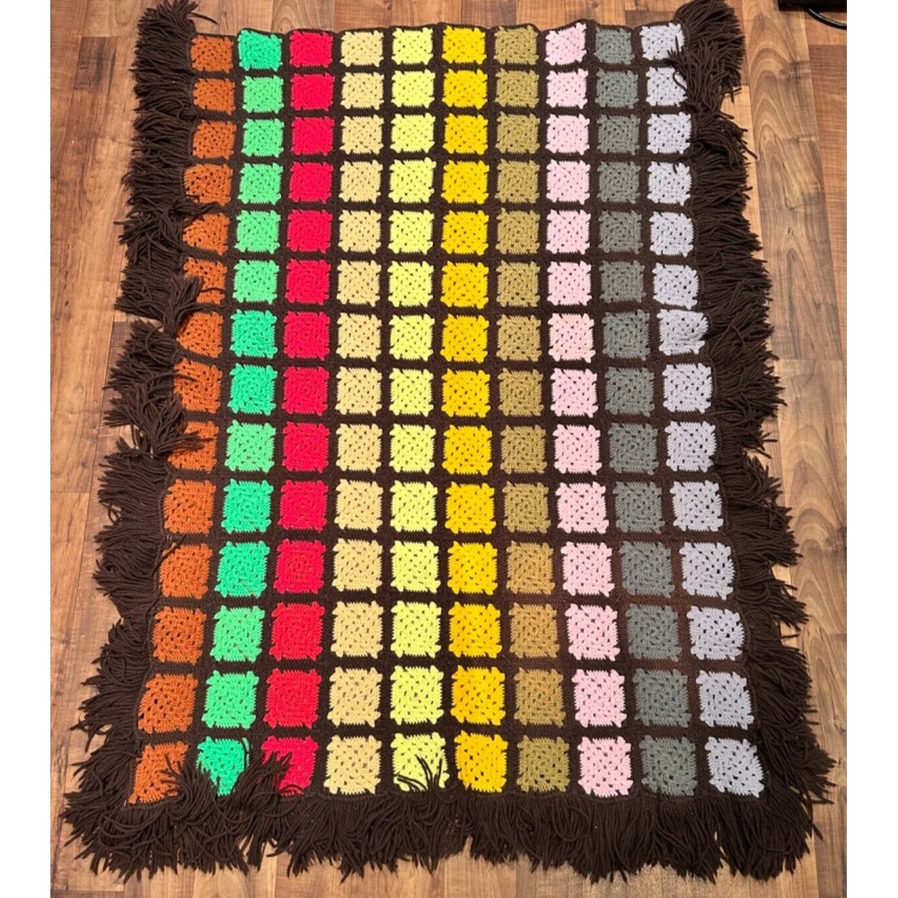 Vintage Granny Square Blanket Afghan Couch Throw Hand Made Crochet Brown 46x64" - Picture 2 of 5